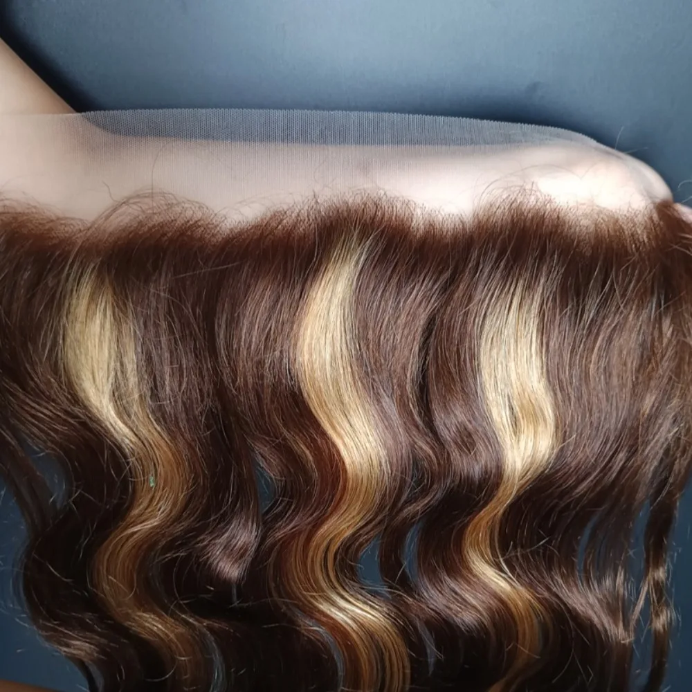 P4/27 العسل شقراء تسليط الضوء على الجسم موجة أمامي فقط الشعر البشري 12A 100% عذراء البرازيلي 13x4 الأذن إلى الأذن الدانتيل الشفاف