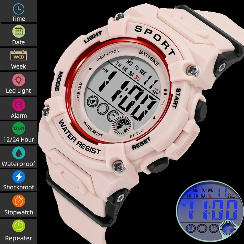 

Synoke Shockproof Digital Sport's Watches Fashion PU Strap 50M Waterproof Colorful Light Led Chronograph Women's Wristwatch