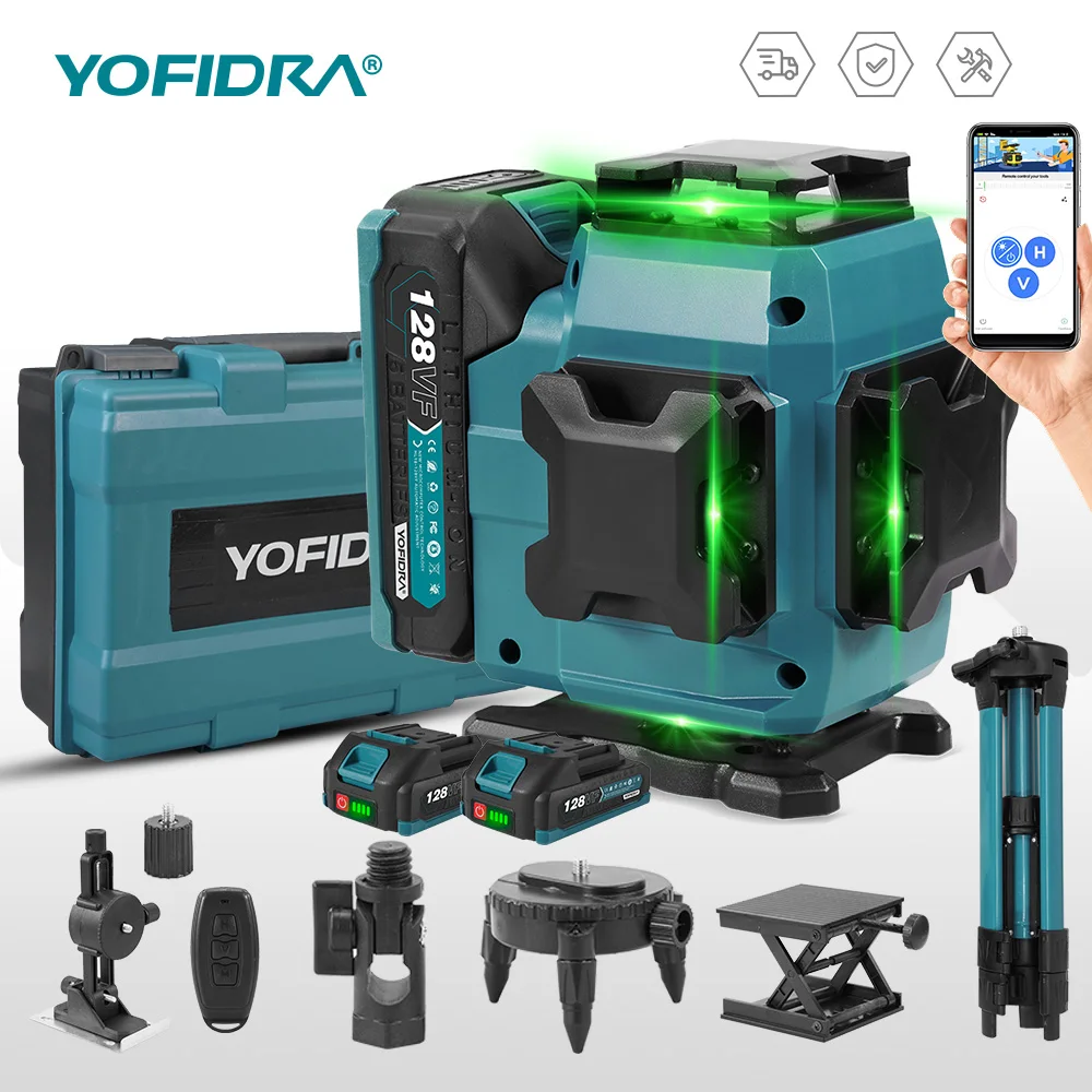 YOFIDRA Niveau laser 4D 16 lignes faisceau vert ultra puissant 360 °   Niveaux laser horizontaux auto-nivelants pour broches de batterie Makita 18V