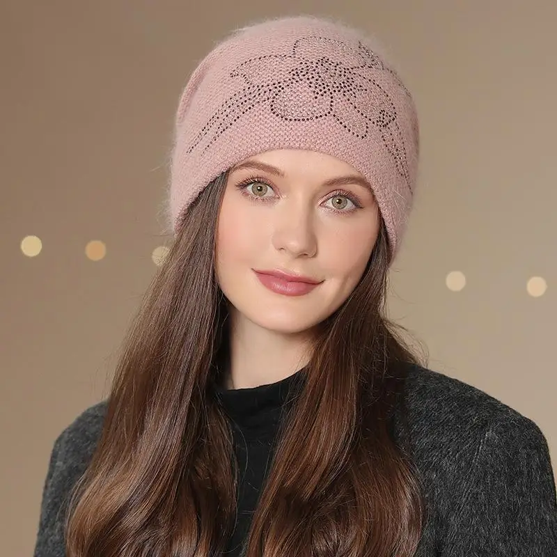 New Women Winter Hat Fashion Decorate Beanie Hat Rabbit Fur Blend Warm Winter Cap For Female Casual Streetwear Knitted Hat