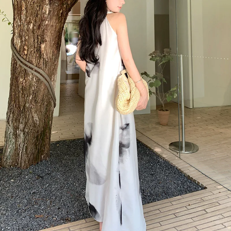 HKSH 夏の新しい女性の休暇スタイルハイストリートカジュアルエレガントな気質トレンディなホルターネックタイダイストラップロングドレス HK6361