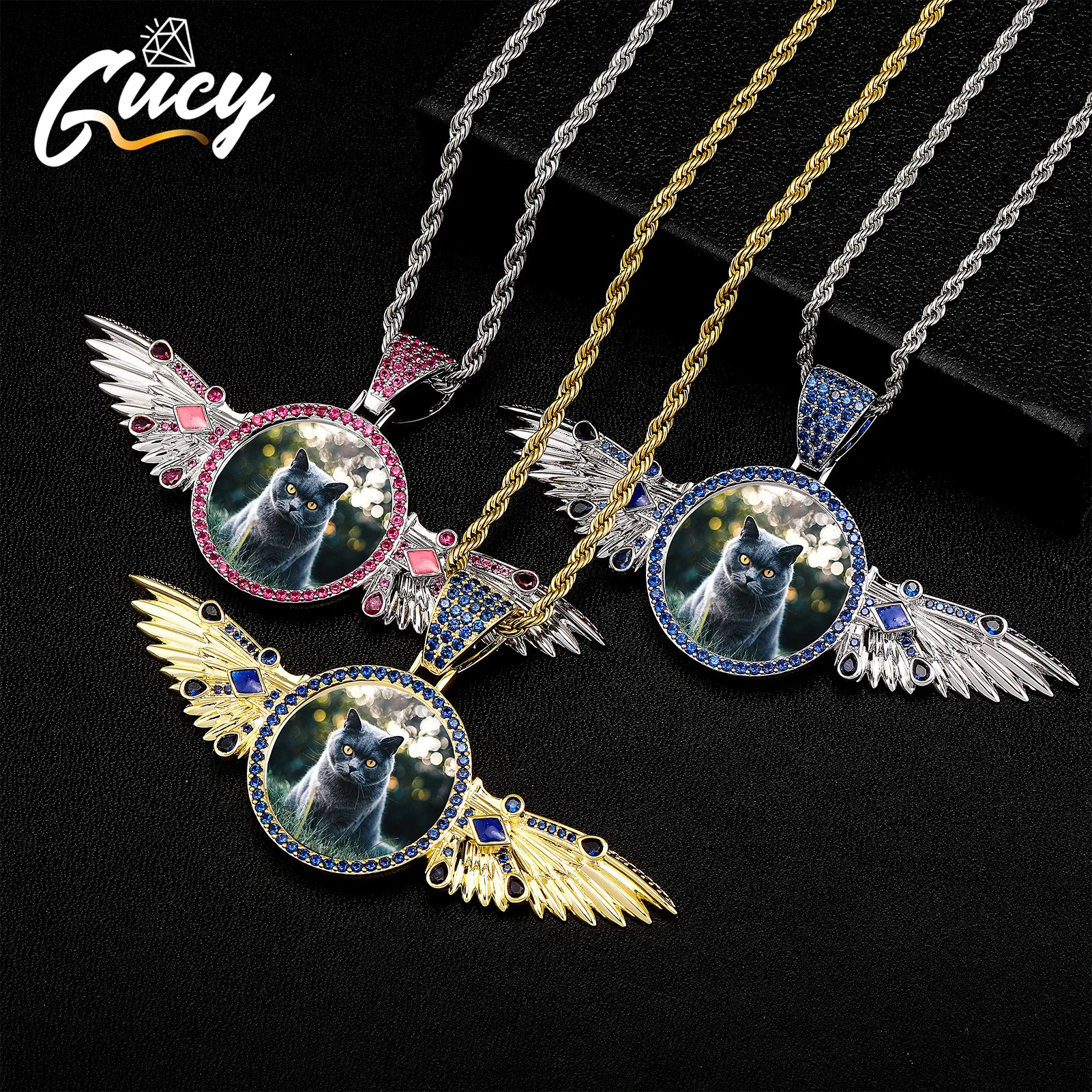 

GUCY Fashion Movable Wings Picture Frame Custom Pendant For Necklace Jewelry Couple Valentine's Day Gift Romantic