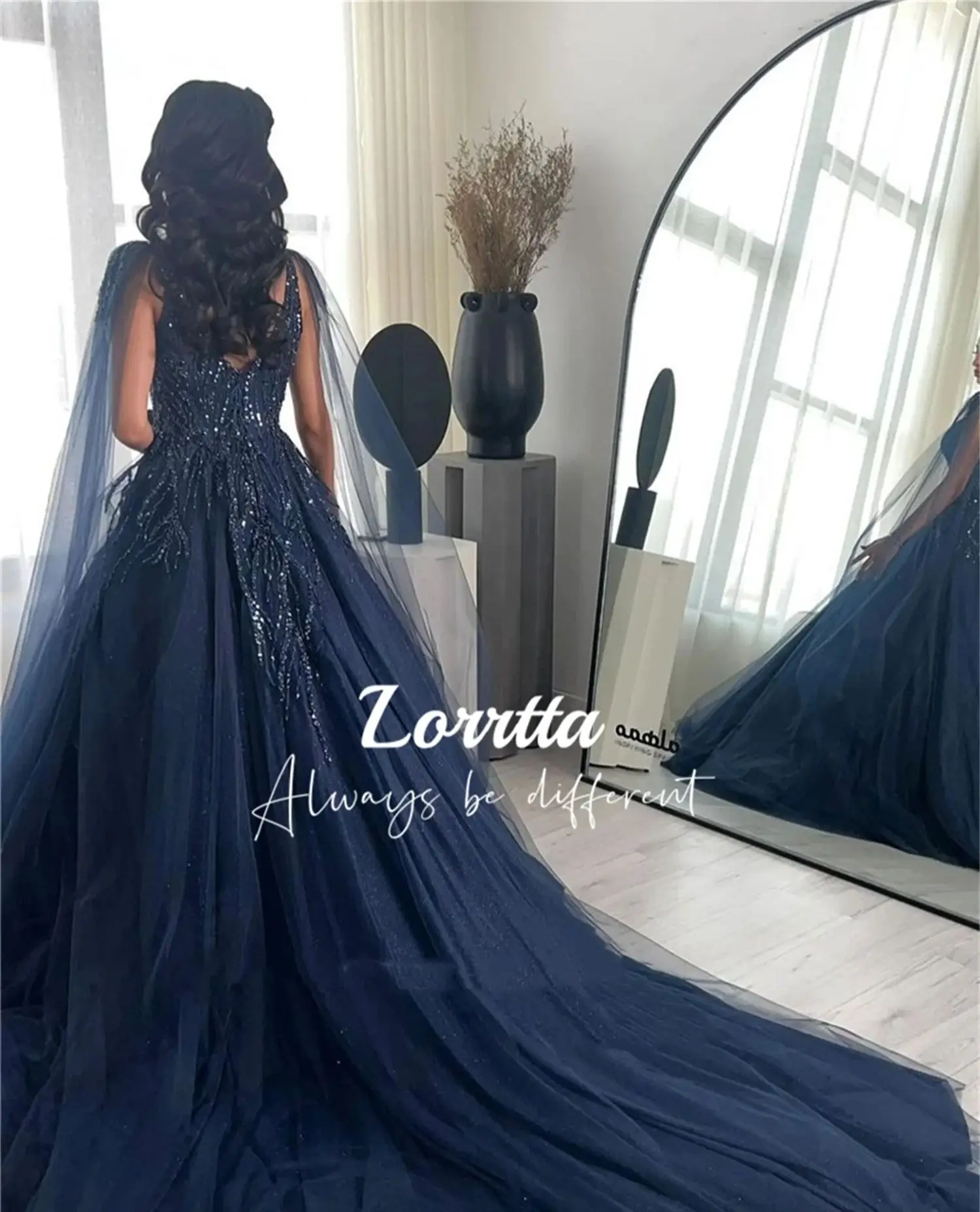 Customized Tailing Mesh Bead Glitter Decoration Navy Blue Shawl Evening Dress Fluffy Graduation Dresses With Long Sleeves Formal