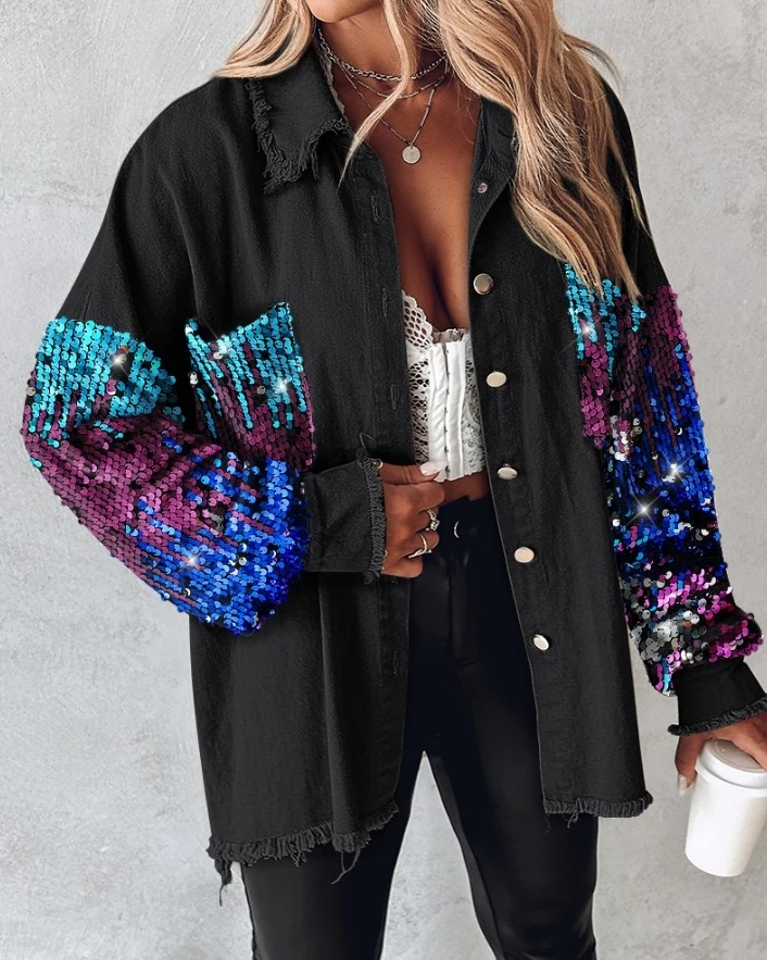 

Color blocked sequins spliced long sleeved button front for women's fashionable casual jacket top, 2024 autumn new item