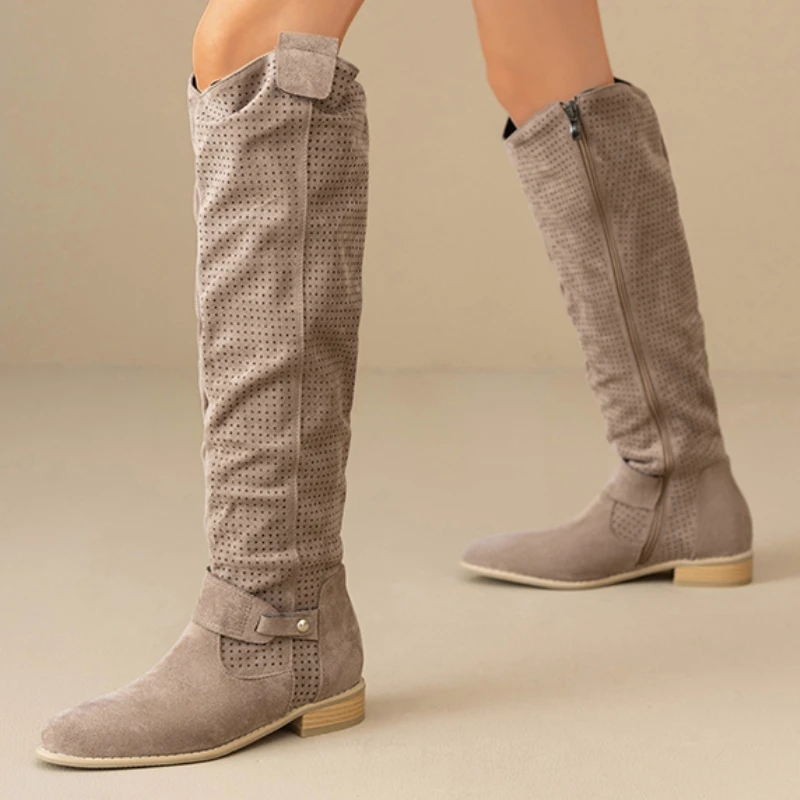 

Винтажные плиссированные женские сапоги до колена, осенне-весенняя обувь, искусственная замша, сапоги в стиле вестерн цвета хаки, длинная обувь на низком каблуке, женская обувь