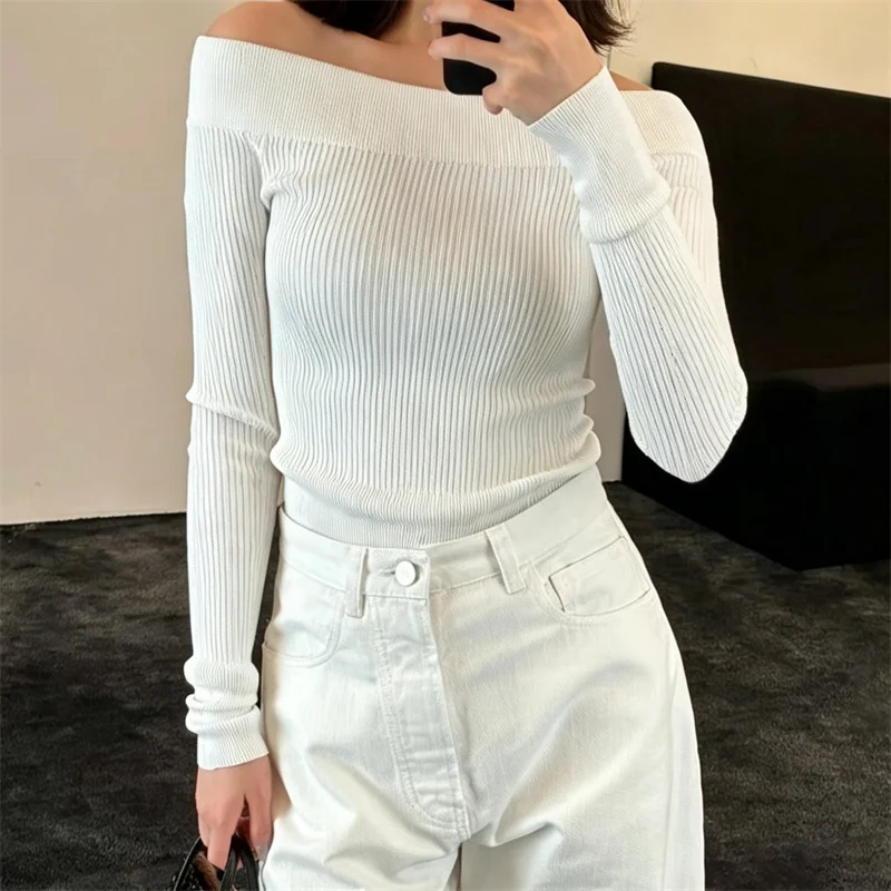 women's bodysuit New elastic knitted slim fit women's long sleeved top for autumn 2026 Sexy off shoulder women's corset T-shirt