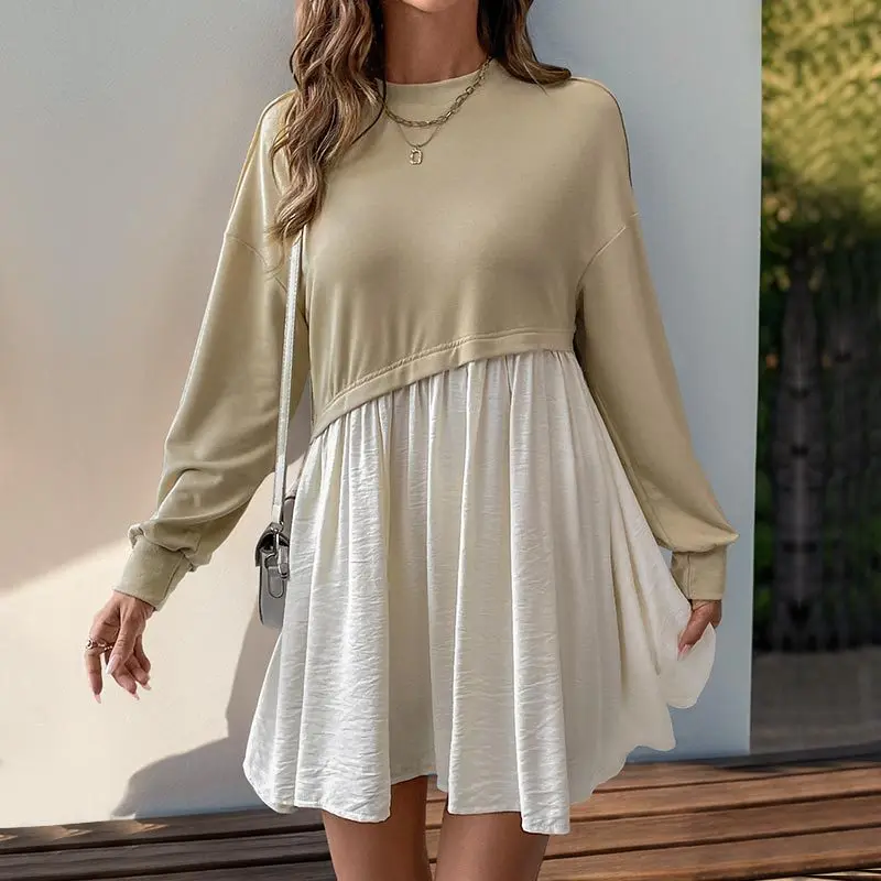 

Fashion Contrast Patchwork Casual Dress Women 2025 Spring New Loose Mini Dresses Elegant Round Neck Long Sleeve A-Line Dresses