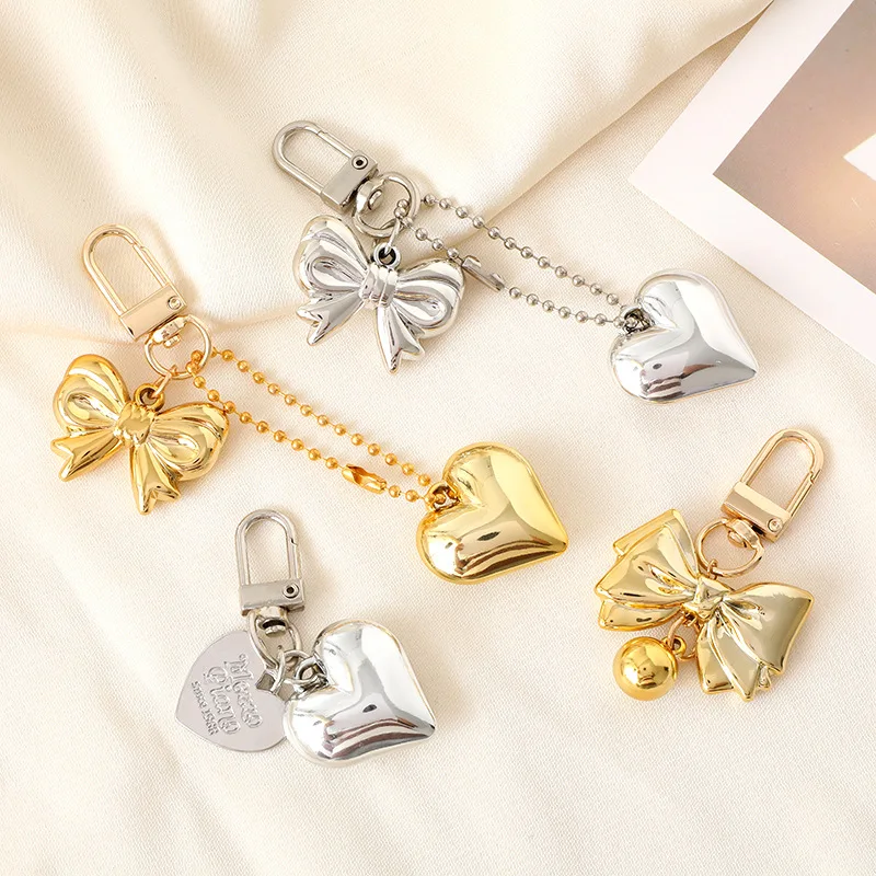 Y2K Aesthetic Bow Heart Cute Keyring for Women,Silver And Gold Heart Keychains for Girl Women Bag Backpack Charms Holiday Gifts