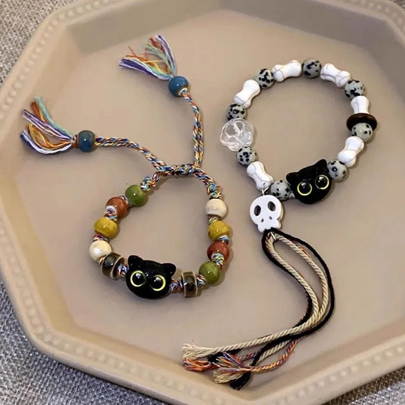 Goth Skull & Cat Charm Ceramic Beads Bracelet for Women - Handmade Braided Cord