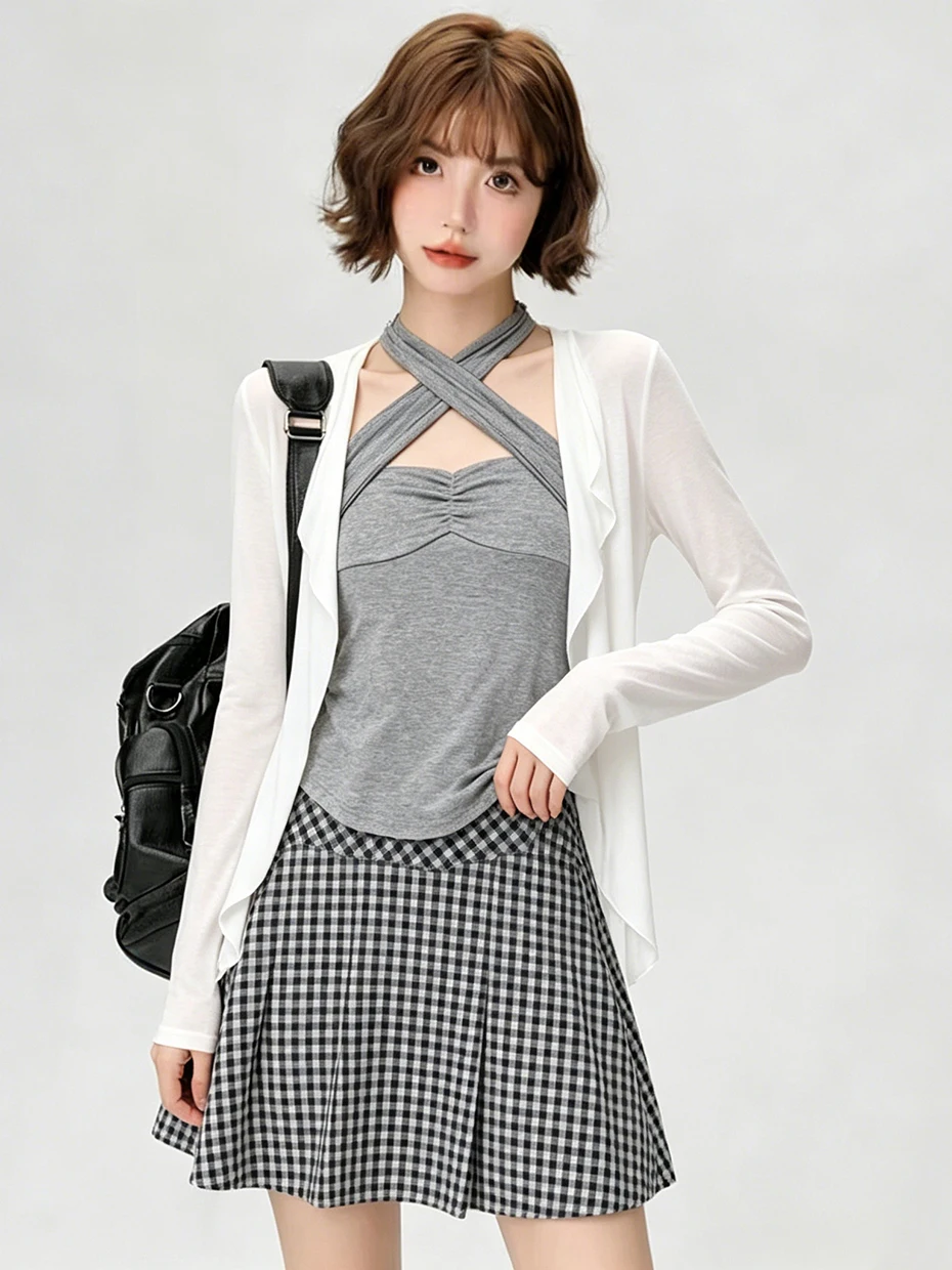 Korean Style Long Sleeve Sun Protection Cover up Women's Summer Tie Waist Camisole Inner Wear Two Piece Set Thin And Simple