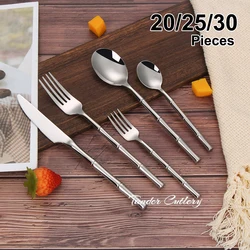 10/15/20/25/30pcs Sliver Dinner Set Stainless Steel Western Tableware Mirror Cutlery Bamboo Style Spoon Fork Kitchen Utensils