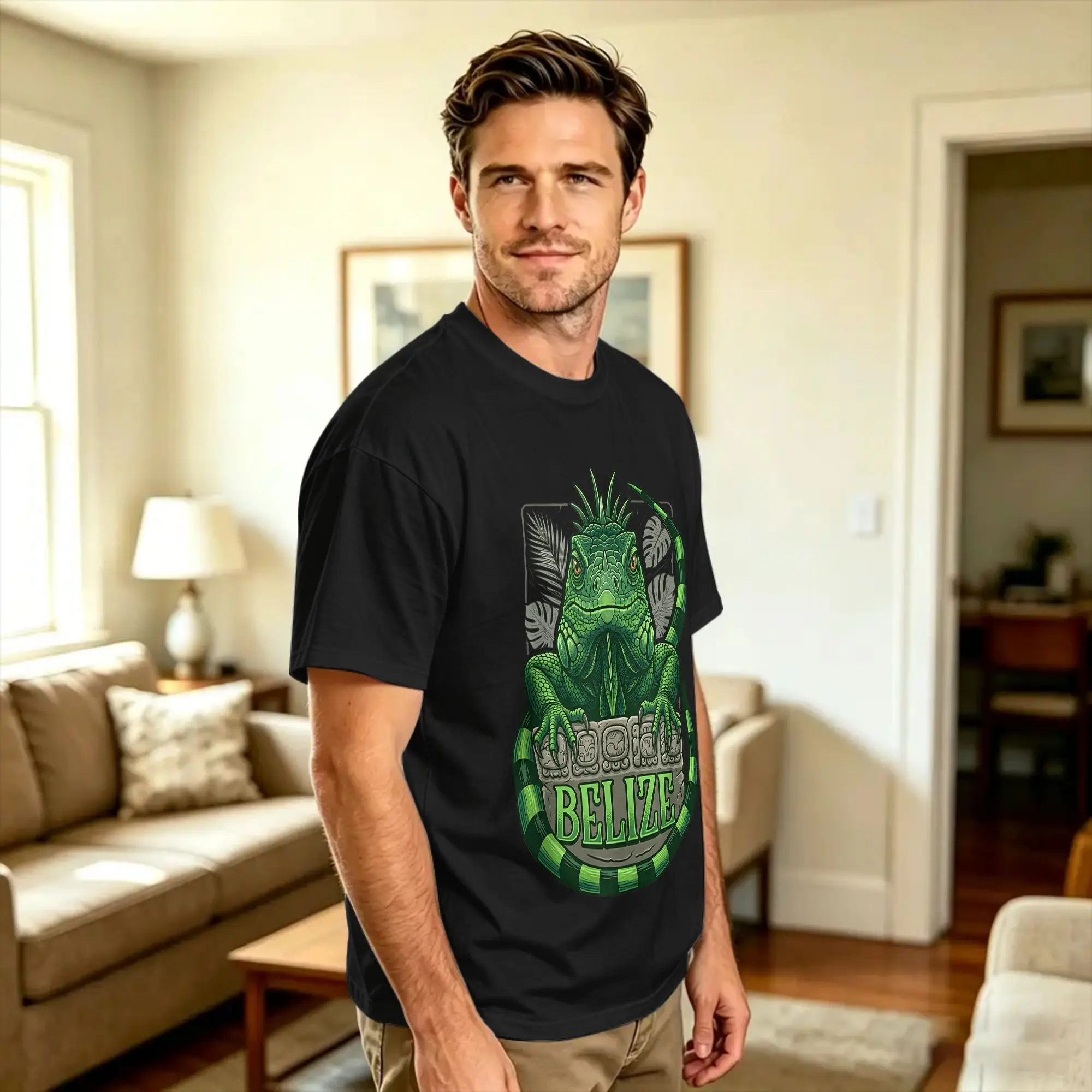 Belize Green Iguana Mascot Ancient Mayan Stone Glyphs T-Shirt Summer  100 Cotton T Shirts For Adult Tee Shirt Short Sleeves