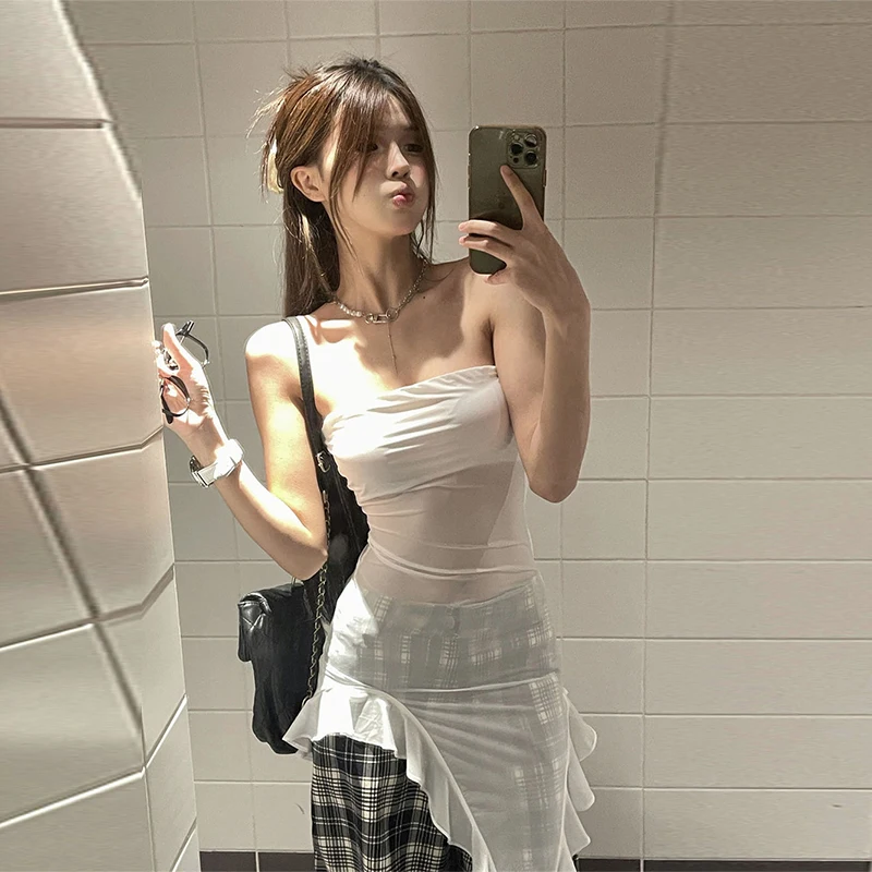 Korean Chic Spring French Sexy Off Shoulder Slim Fit Patchwork Double-layer Ruffled Edge Strapless Vest for Women