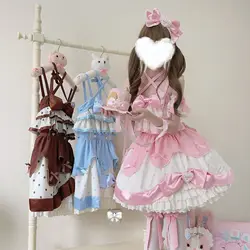 Cute Japanese Sweet Lolita Cream Cake Layer JSK Strap Dress Summer Bow Party Mini Dresses Girls Lovely Kawaii Princess Dresses