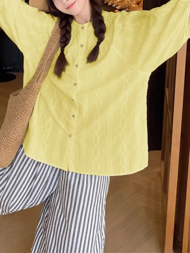 Plus Größe 5XL VONDA Koreanischen Stil Frauen Shirts Mode 3/4 Hülse Tuniken Beiläufige Lose Tops 2025, Einfarbig O Neck Blusas