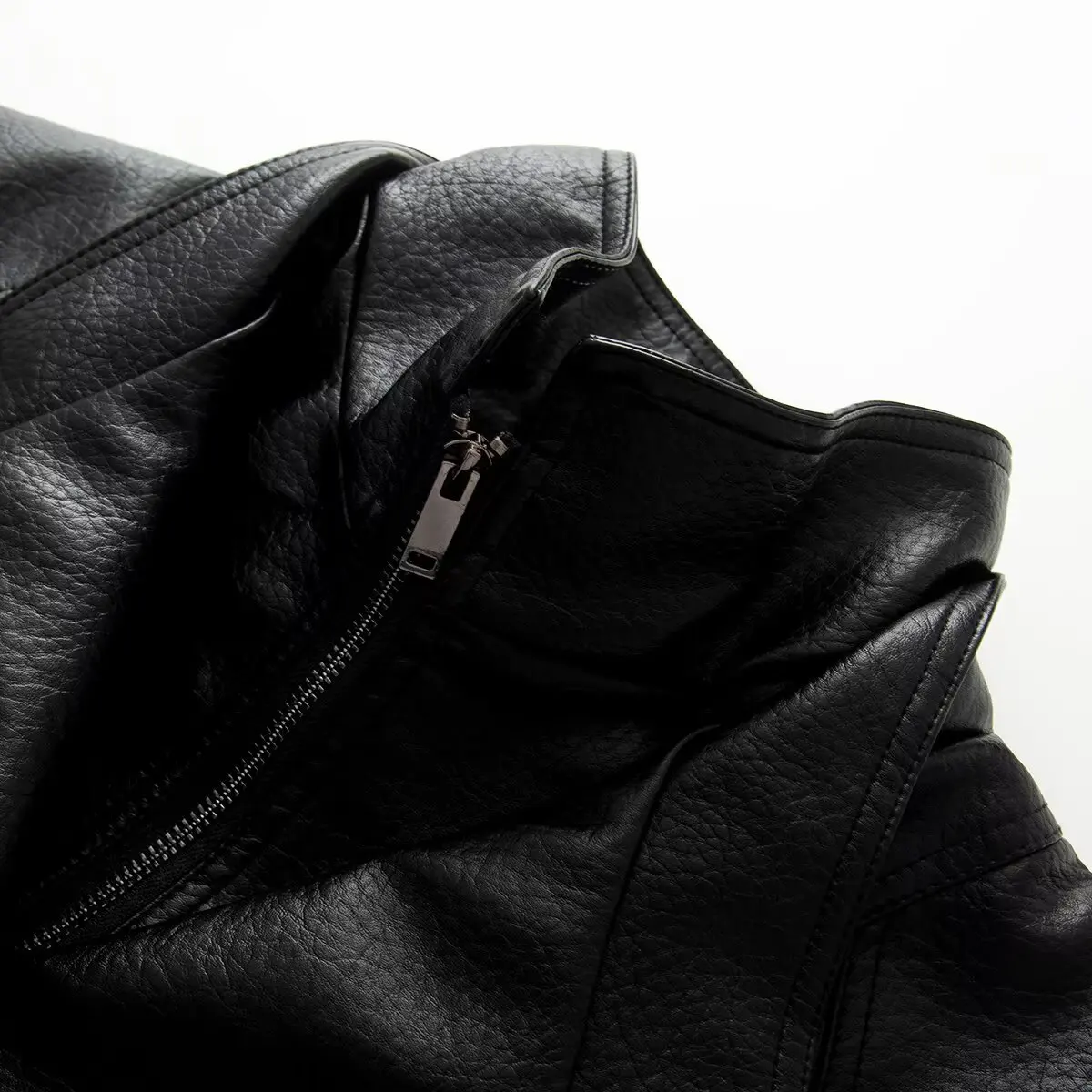 KASLEAD Women's PU Leather Jacket Double Layer Stand Collar Gathered Waist Mid-Length Double Row Buttoning Fashionable Outerwear