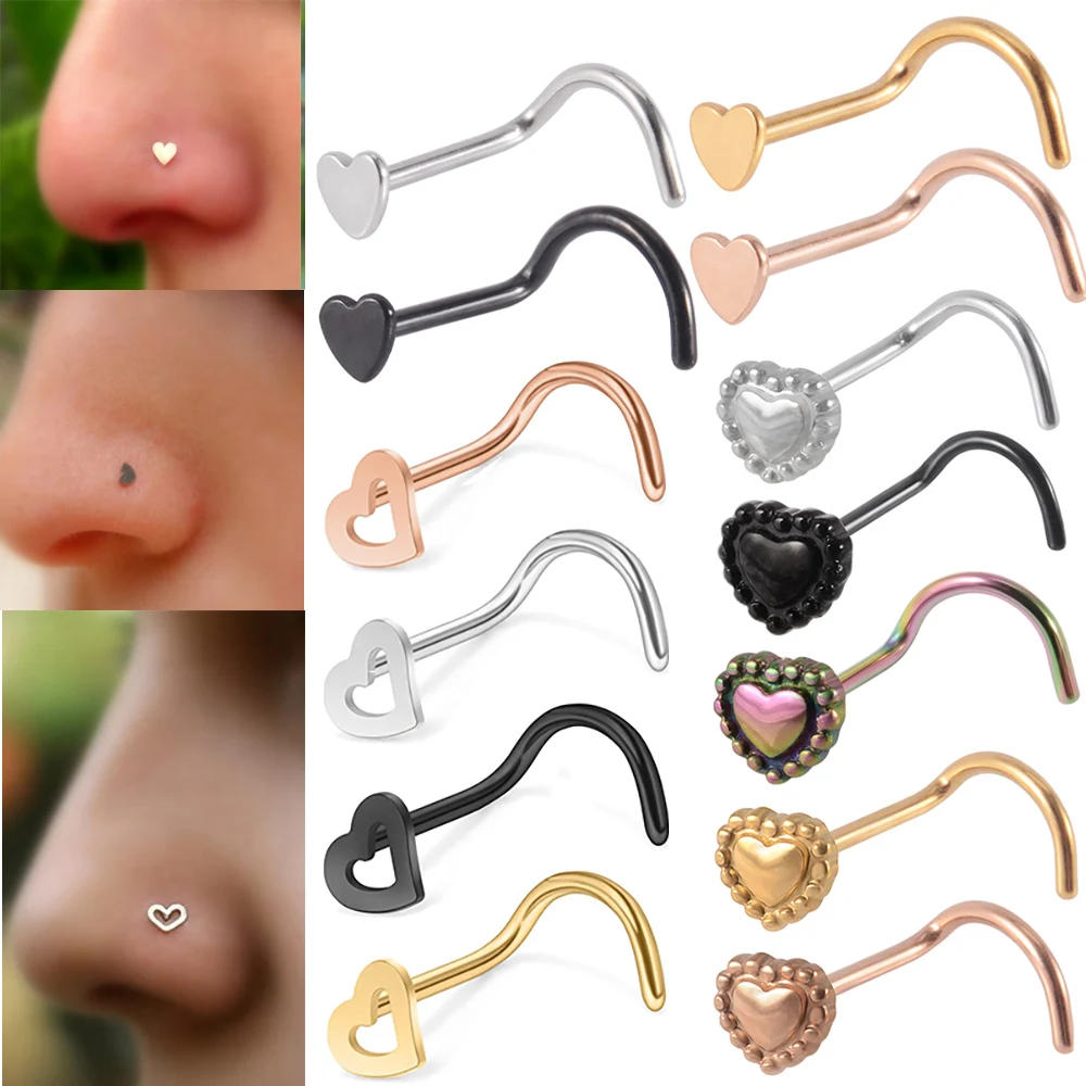 1PC Fashion Stainless Steel Heart Nose Studs Nose Hooks Bone Studs S Curved Nostril Body Piercing Jewelry 20G