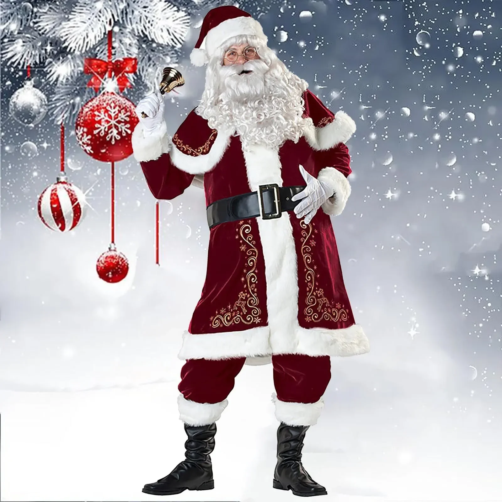 8PC Christmas Santa Claus Costume Cosplay Santa Claus Clothes Fancy Dress Christmas Men 7pcs/lot Costume Suit For Adults