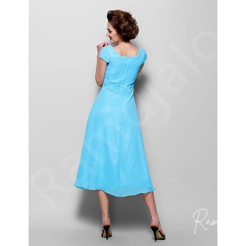 Customized Chic Mother of the Bride Dress in Sky Blue Chiffon Tea Length Cap Sleeves and Embellished Waist Wedding Guest Gowns