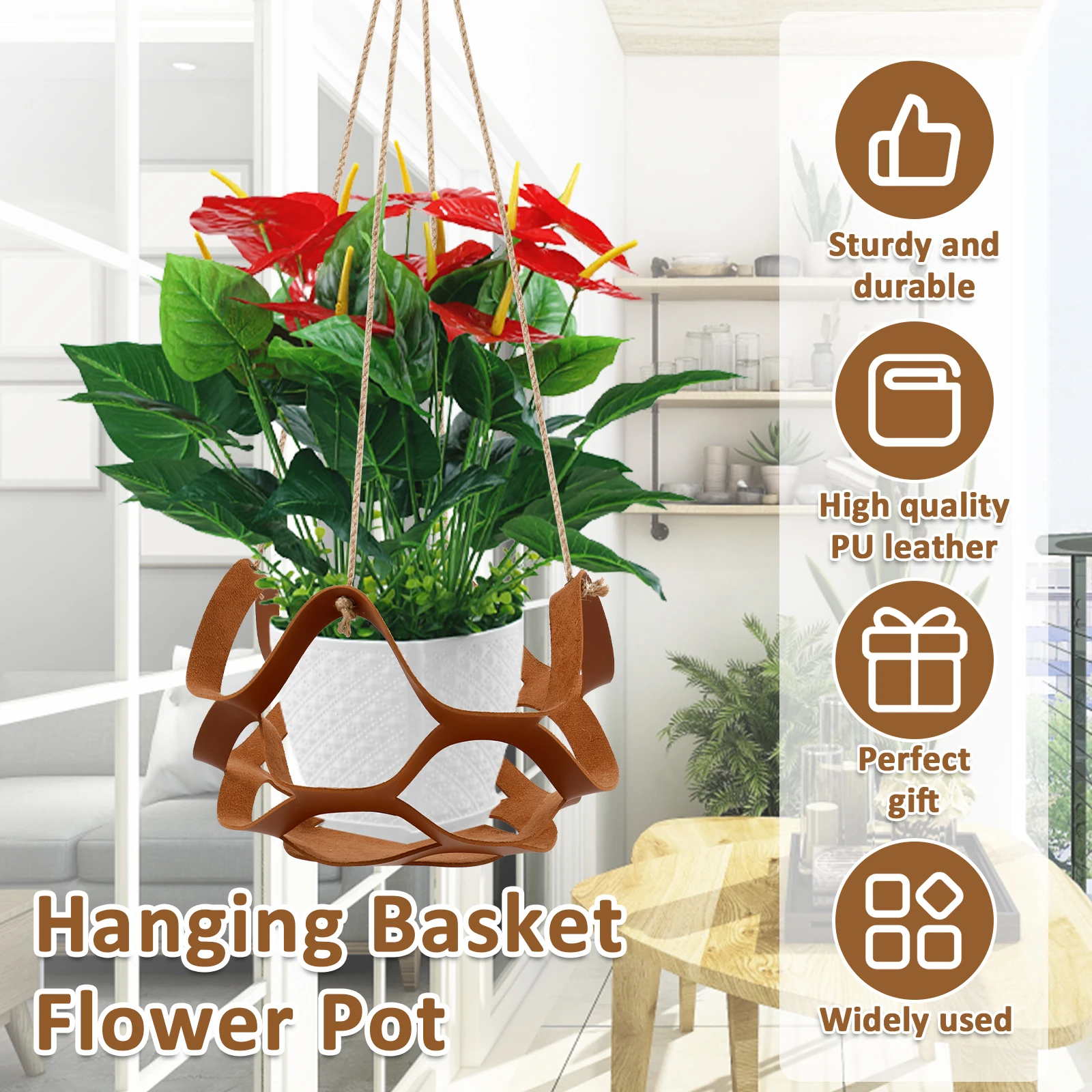 2Pcs Hanging Plant Basket PU Leather Indoor Outdoor Hanging Basket Flower Pot Holder 31CM and 22CM Decorative Flower Pot Stand