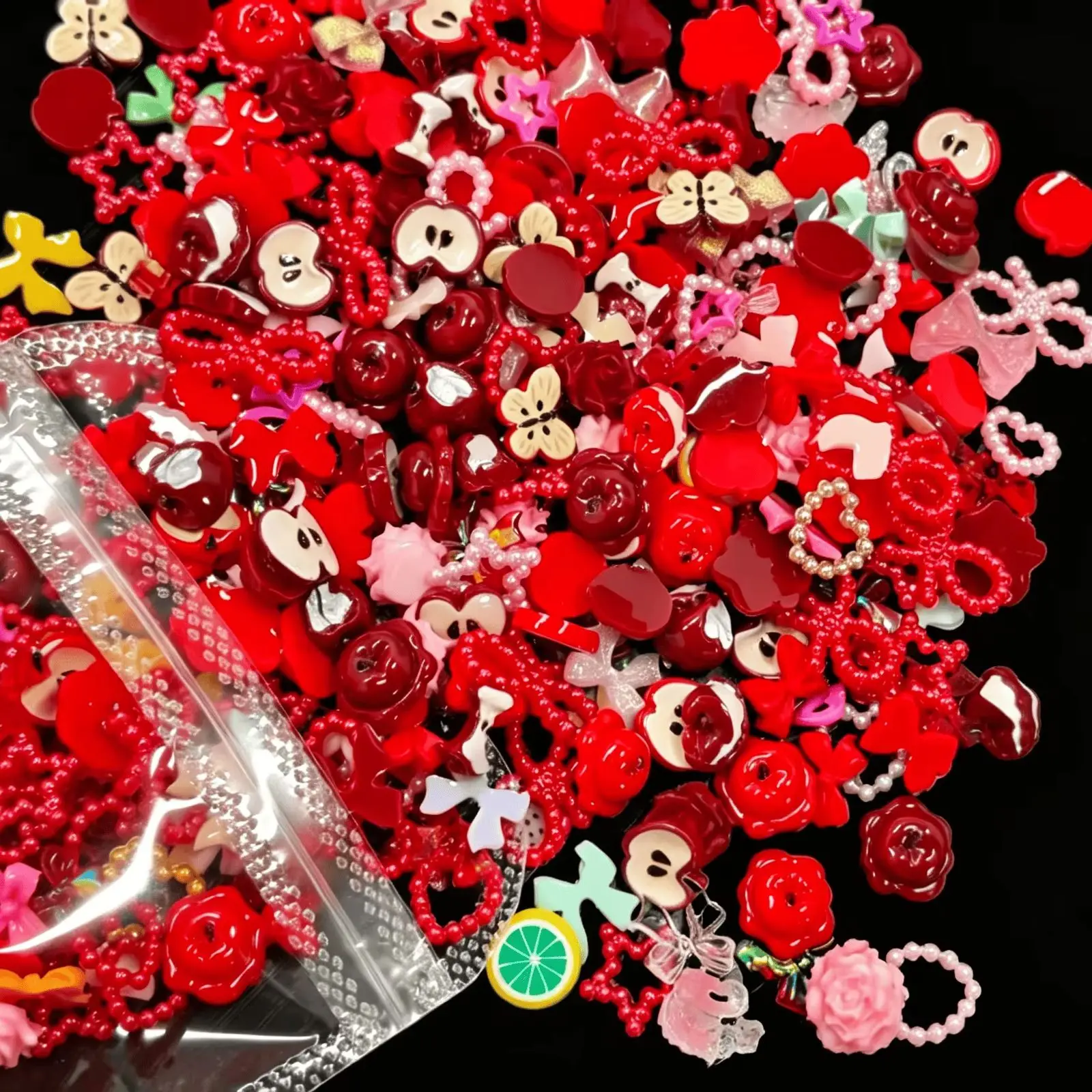 300PCS Red Apple Mixed Resin Nail Charms Fruit Bow Flower Flatback Slices DIY Manicure Phone Case Epoxy Craft Decorations