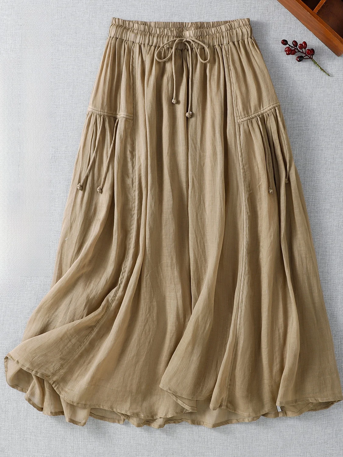 Ele عالية الخصر لون نقي ثنيات فضفاضة مرونة الخصر طويلة عادية ألف خط تنورة حجم كبير الصيف المرأة Faion التنانير