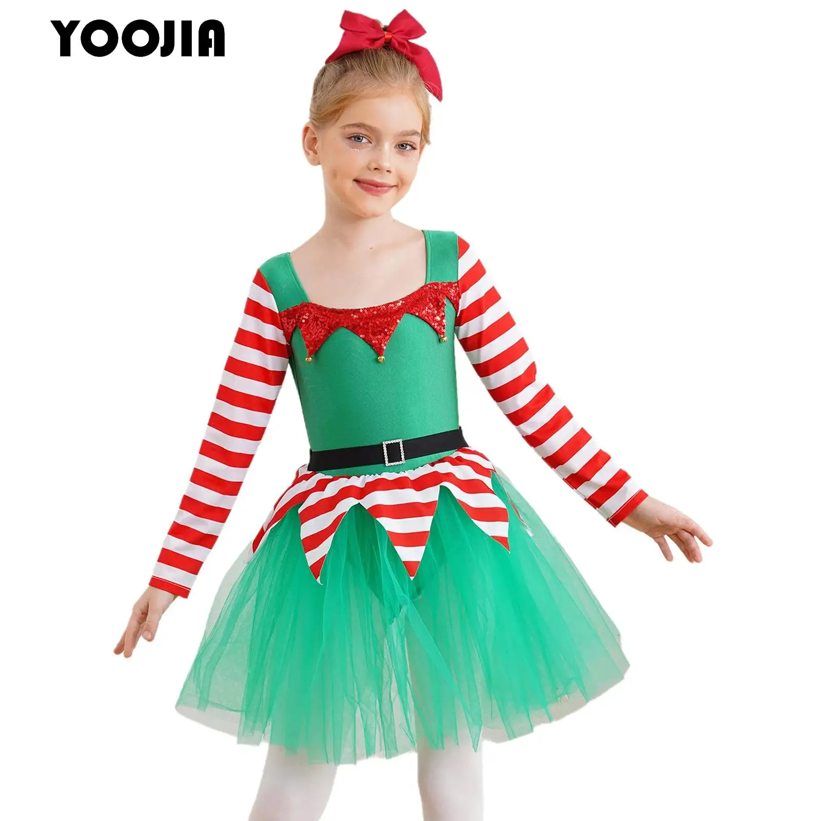 Princess Party Girls Santa Claus Elf Costume Candy Cane Striped Christmas Dance Costume Mesh Tulle Tutu Skating Ballet Leotard