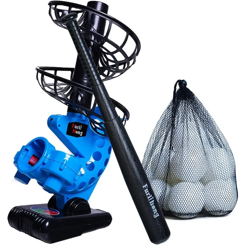 

Baseball pitching machine, battery powered, adjustable angle, comes with bat and a dozen training balls