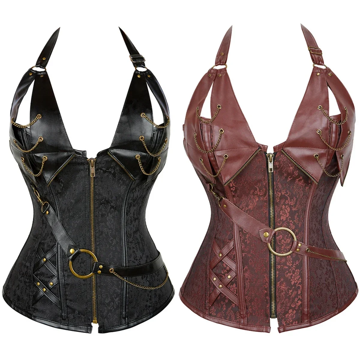 

Womens Corset Steampunk Leather Bustier Pirate Halterneck Corsets Zip Corsage Sexy Chain Bustiers Dance Party Costumes Plus Size