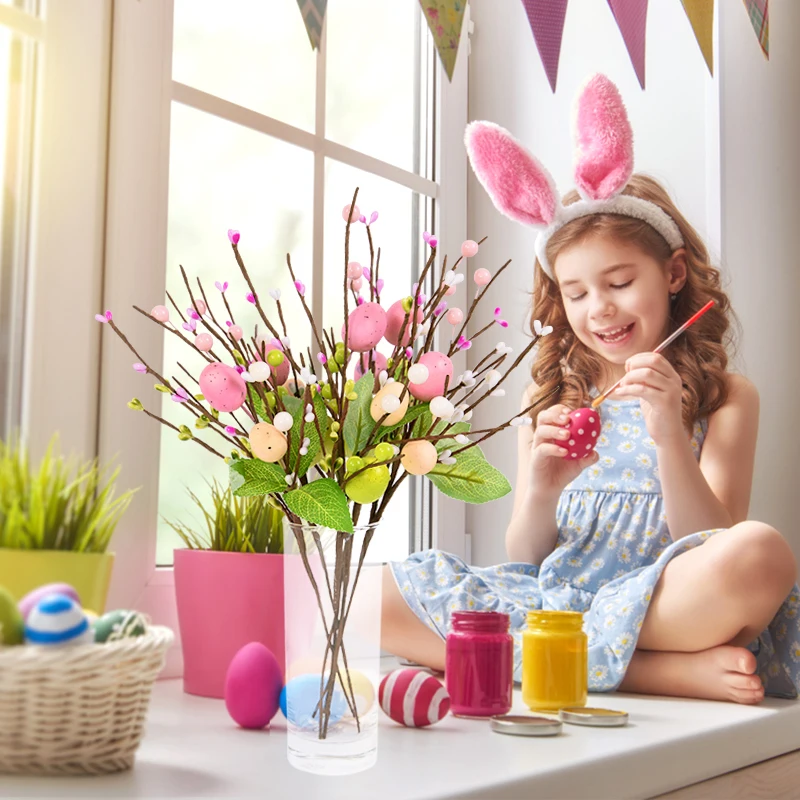 Huevo Artificial de Pascua, flor de espuma, rama de árbol, planta falsa, adornos de mesa para habitación, decoración de Pascua, suministros para