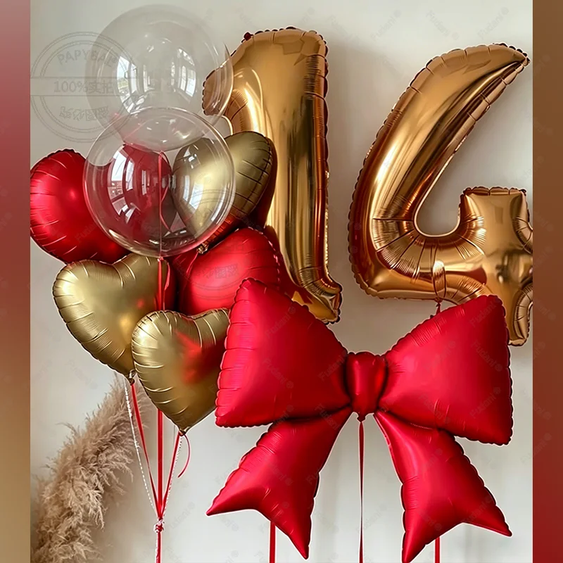 12 Stück große rote Schleifen-Herz-Folienballons, 32 Zoll große goldene Zahlenballons 1-9, 10, 15, 21, Geburtstagsparty-Dekorationsset, Foto-Requisiten