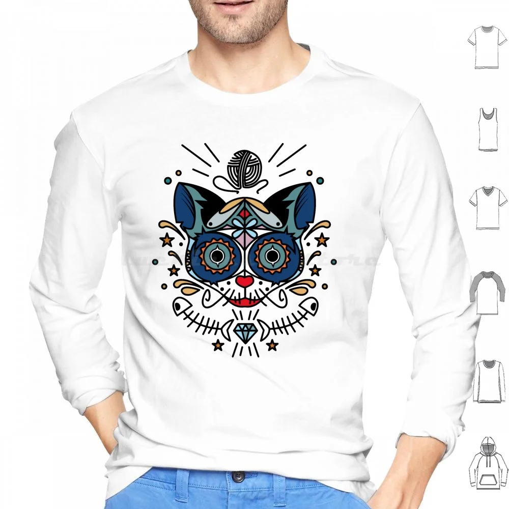 Mexican Day Of The Dead Cat Art Hoodie cotton Long Sleeve Day Of The Dead Cat Cat Cat Head Mexican Dead Day Stuck