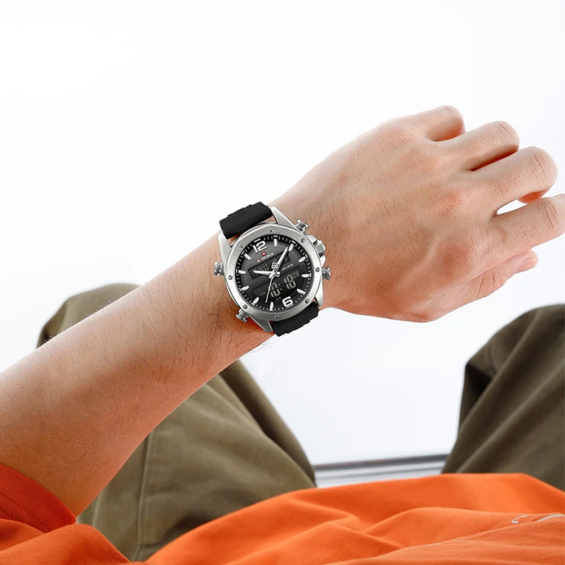NAVIFORCE Men Quartz LCD Dual Display Watch with Silicone Strap