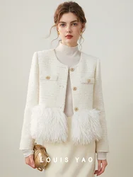 LOUIS YAO 2024 Autumn/Winter Small Fragrant Style Imitation Sheep Fleece Splicing Coat Round Neck Cardigan Women's Coat