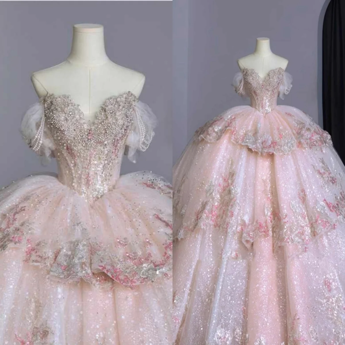 

Exquisite Beaded Ball Gown Wedding Dresses Off Shoulder Sleeveless Bridal Gowns Sequins Customized Vestidos De Novia