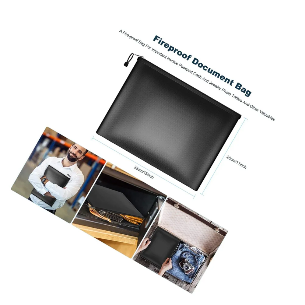 Waterproof Fireproof Document Holder Secure Zipper Closure Pouch for Money and Important Papers Protection Bag Accessory