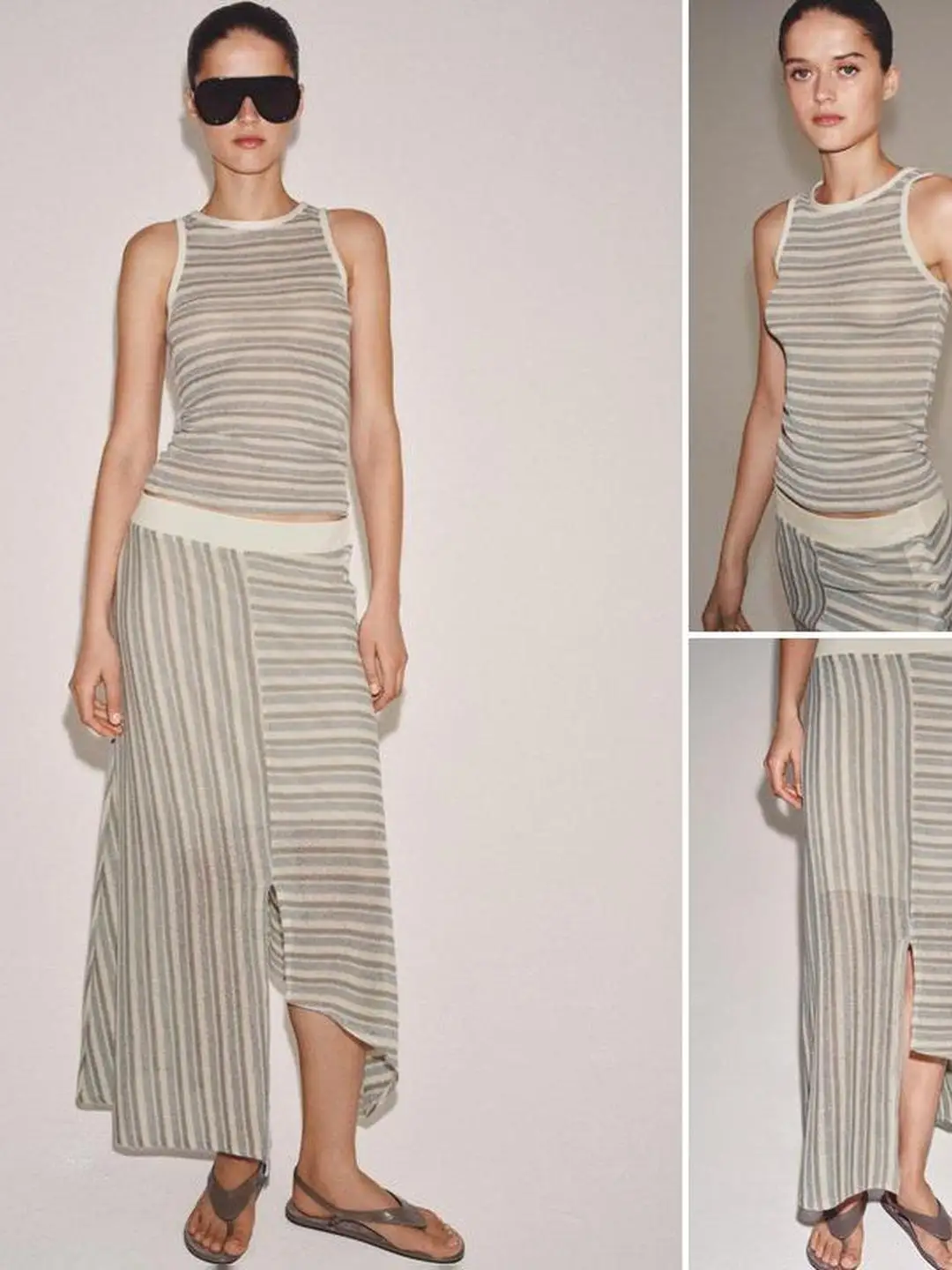 Summer Striped Sleeveless round Neck Elastic Waist Asymmetrical Skirt Women's Citywalk Polyester Fiber Loose Fit A-Line Skirt