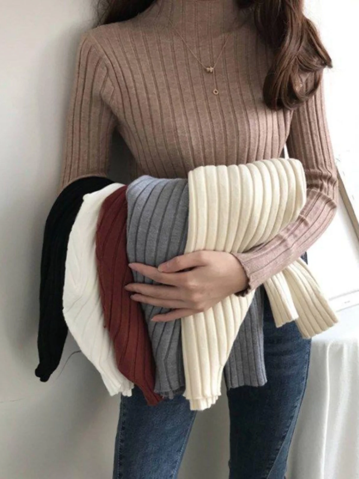 

Slim Fit Korean Style Knitted Sweater Half High Collar Short Top Women's Base Layer Shirt Commute Fashion Long Sleeve round Neck