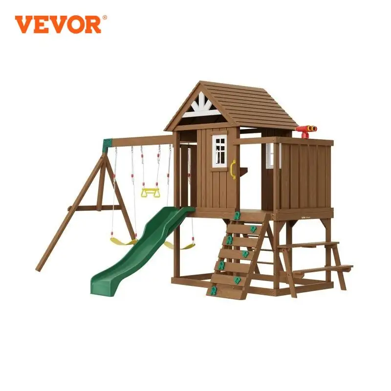 VEVOR Wooden Swing Set 9/10 IN 1 Outdoor Playground Sets for Backyards 2 Swings Trapeze Bar 6 FT Slide Large Upper Fort