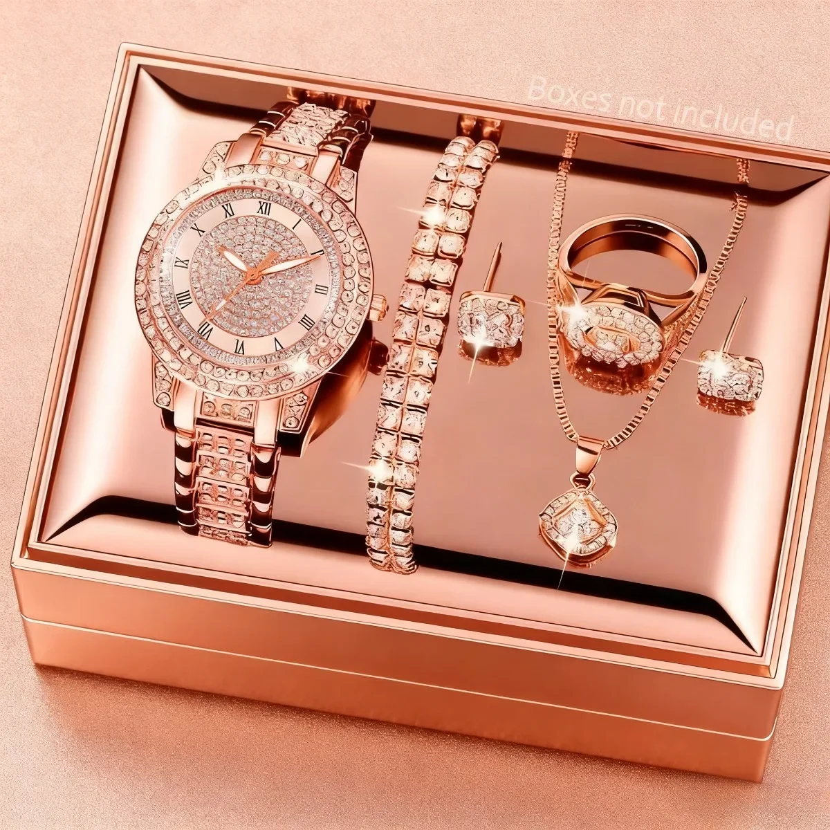 Ladies' Watch Set, 7-piece Set, Fashionable New Ladies' Elegant Quartz Watch, Creative Water Diamond Inlaid Design Jewelry Set