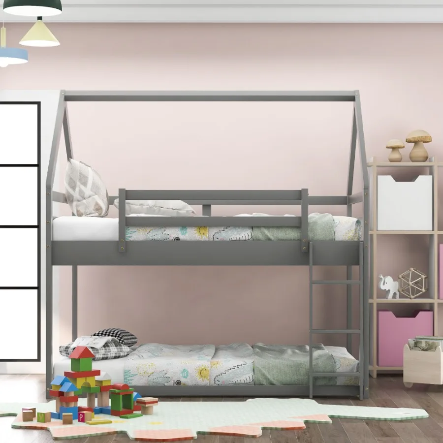 

Twin over Twin Low Bunk Bed House Bed with Ladder