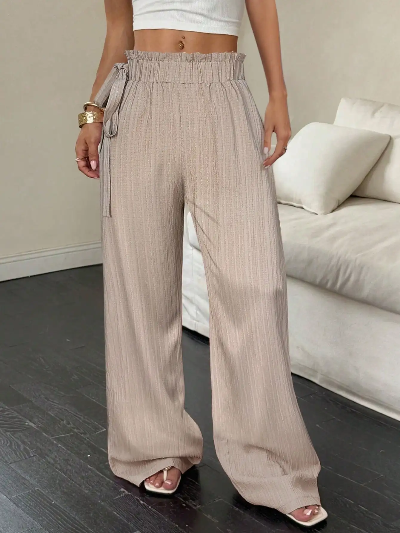 Women Wide Leg Pants 2026 Autumn Elastic Waist Ruffle Woven Loose Long Trousers with Side Pocket Tie Up Design Casual