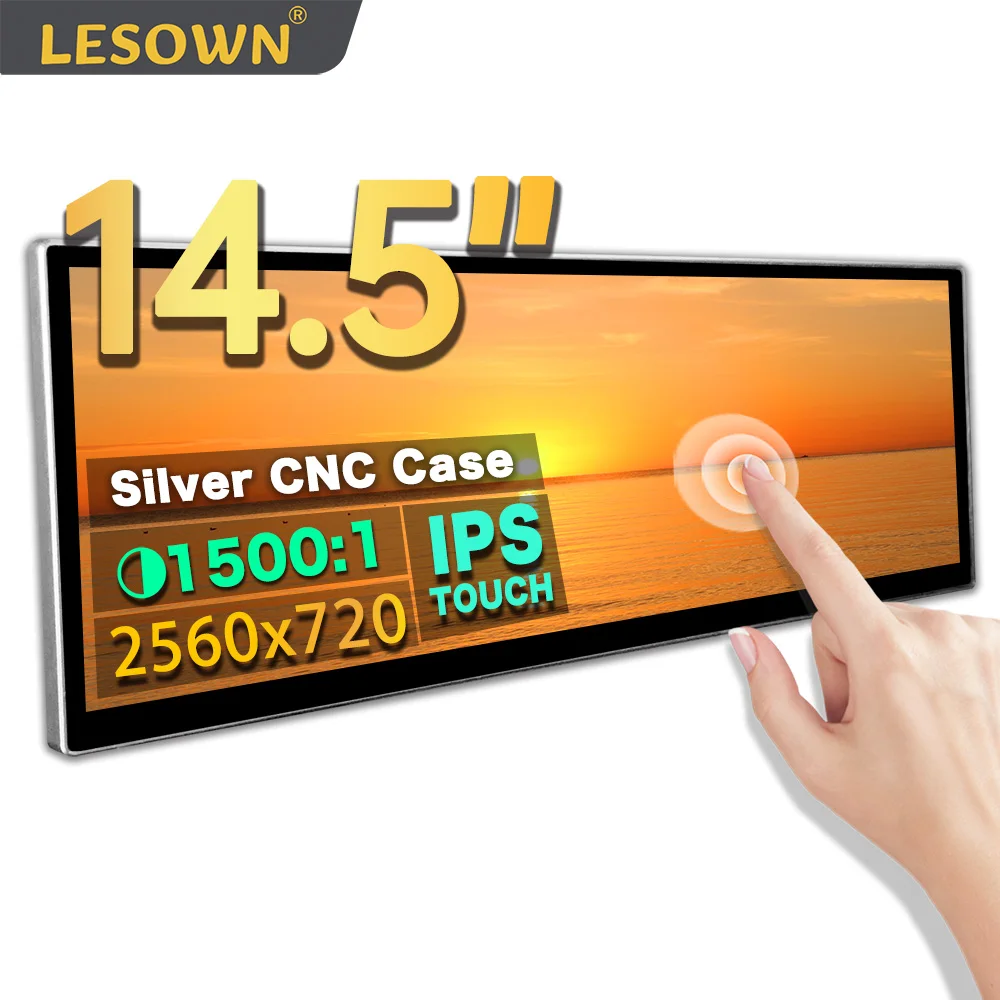 

LESOWN 14.5 inch Stretched Bar Long Wide Screen Monitor 2560x720 IPS USB C Touchscreen Secondary Display Silvery CNC Shell