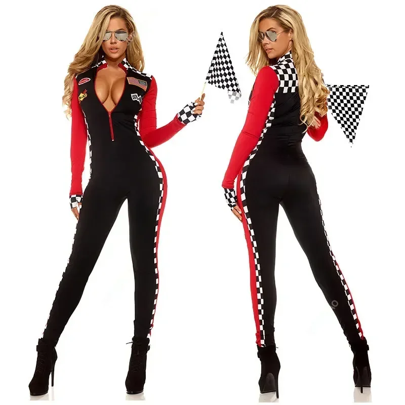 

Halloween Sexy Race Car Driver Cosplay Costumes Women Sexy Racing Jumpsuit Long Sleeves Racer Girl Uniform Cheerleaders Costume