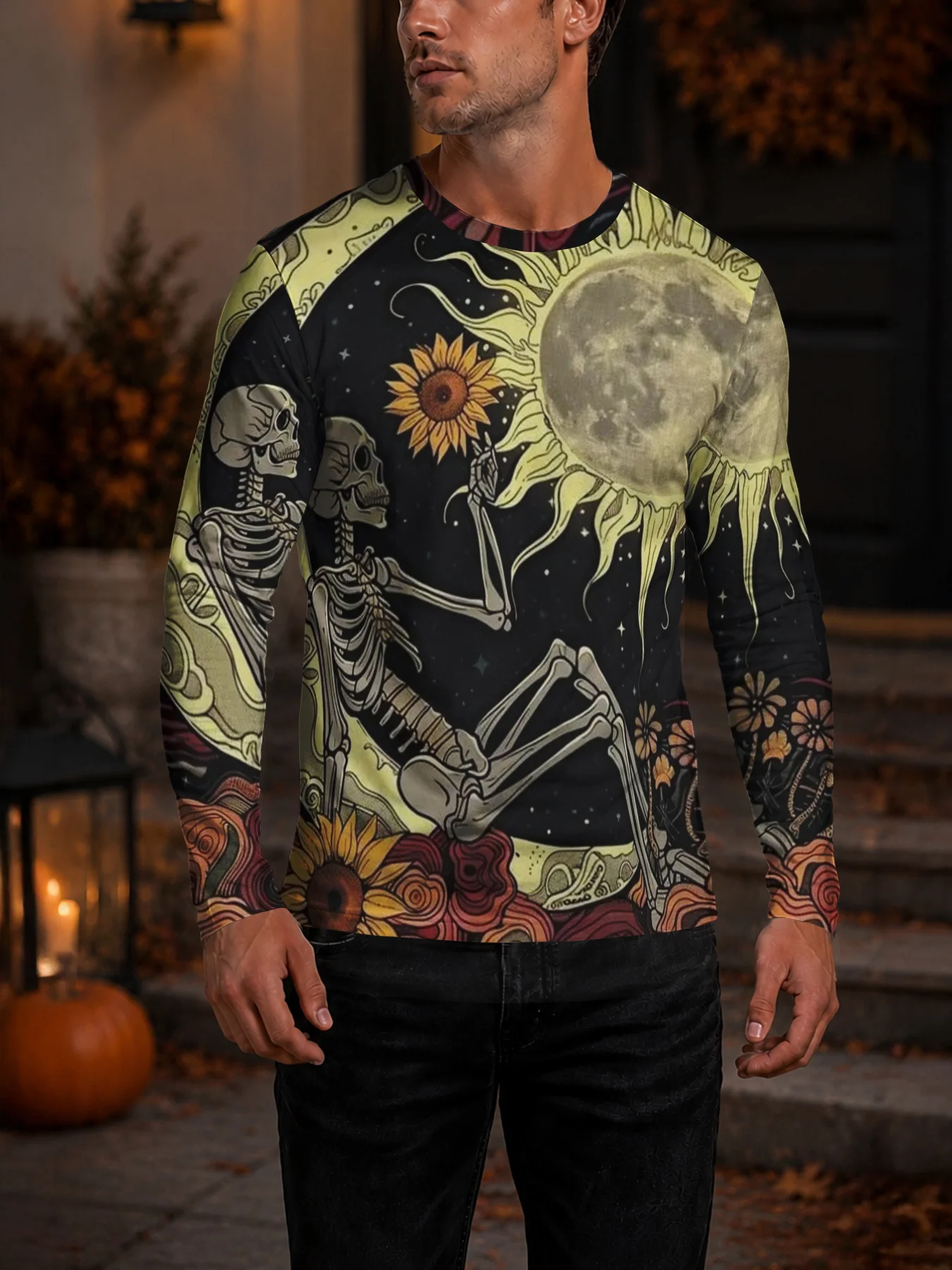 Men Long Sleeve T‑Shirt Skeleton Sun Moon Sunflower Floral 3D Print Vintage Gothic Casual Party Top
