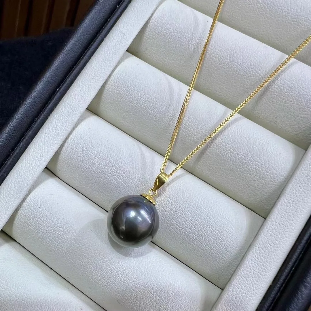 18K Gold 12mm Natural Tahitian Black Pearl Pendant, Round High Luster Minor Flaws (Chain Not Included)