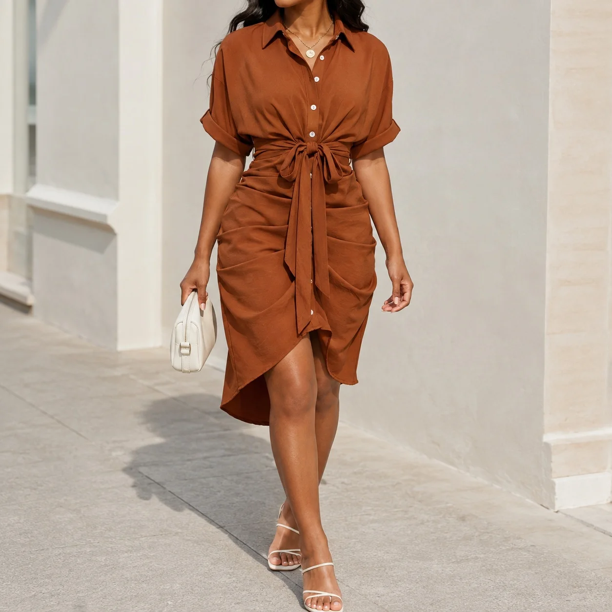 Short Sleeve a Line Dress with Shirt Collar Mid Waist Midi Length Slim Fit Private Celebrity Style Party Spring Women Dress