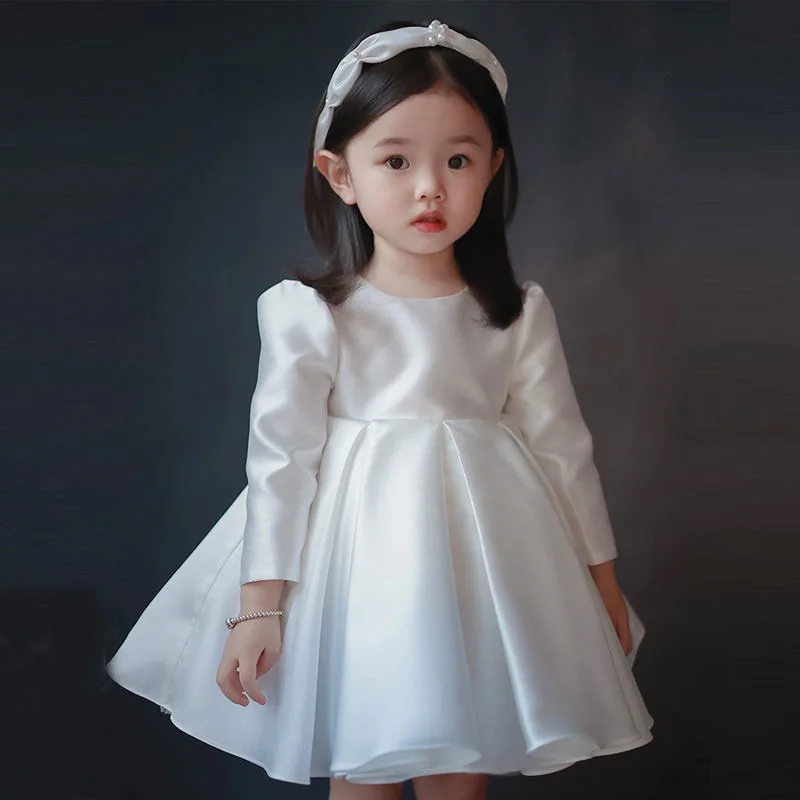 Baby Girl Princess Satin Dress Long Sleeve Child Vintage Big Bow Vestido Party Pageant Birthday Wedding Christmas Frocks 1-16Y