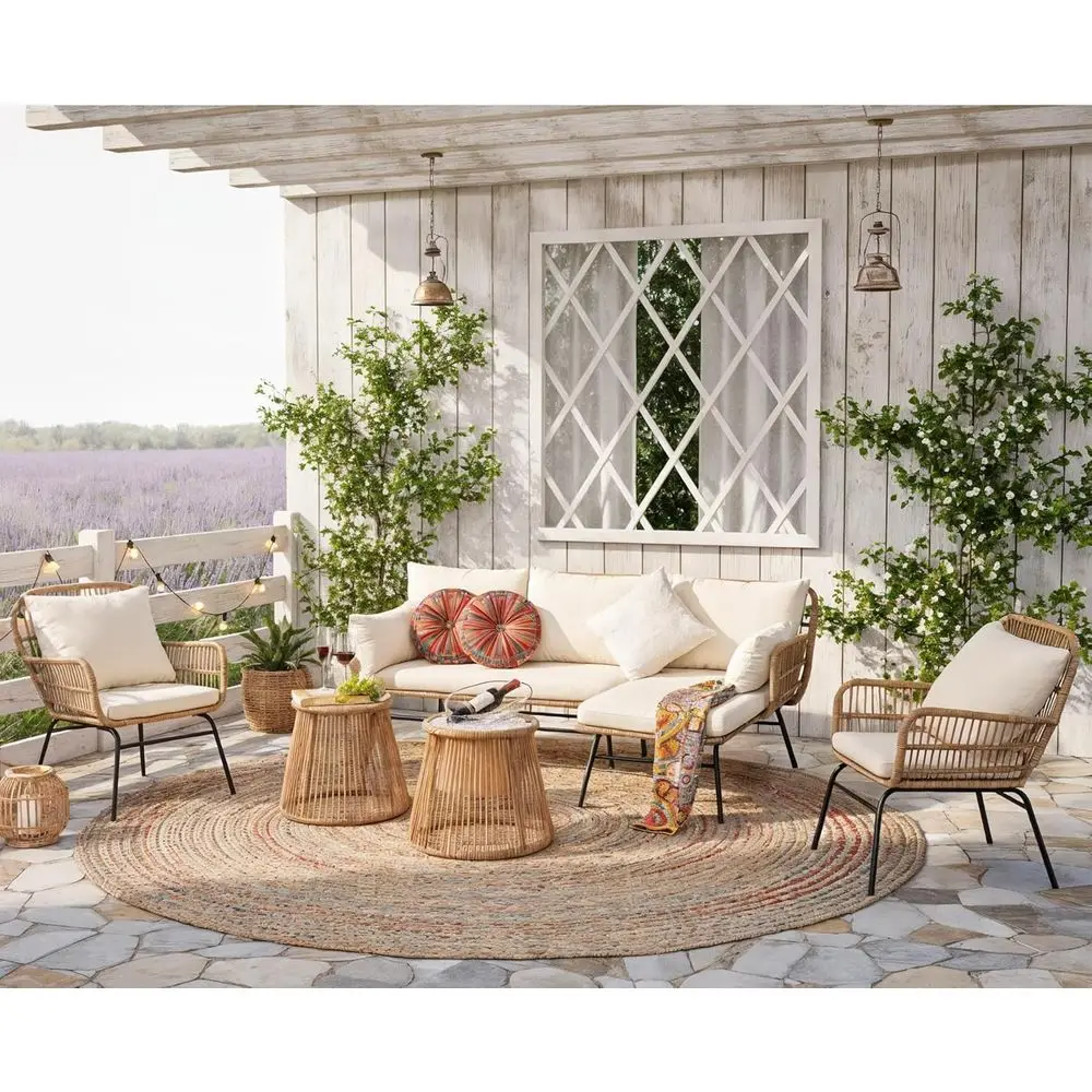 

Комплект уличной мебели в стиле бохо, угловой диван из натурального ротанга с бежевыми подушками и ведром для льда, идеально подходит для B