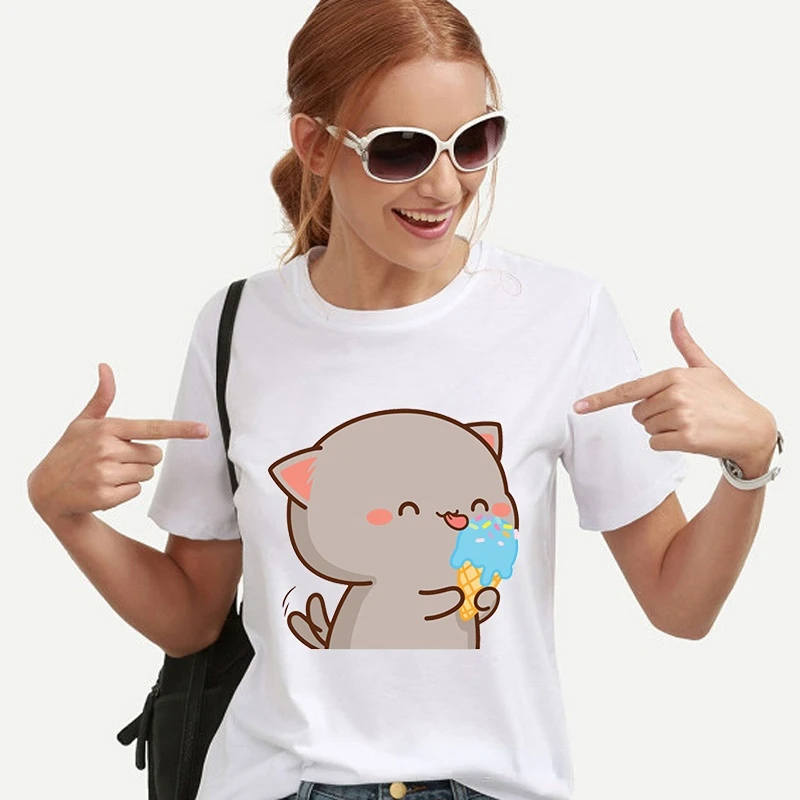 Kawaii Women Clothing Peach and Goma Mochi Cat Cartoon Print Tshirt Femme Korean Style Clothes Harajuku Shirt Tops Short Sleeve